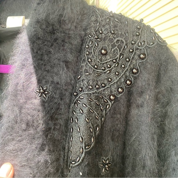 Phoenix Black Angora Rabbit Fur Open Coat Floral Embellishments - Picture 5 of 6